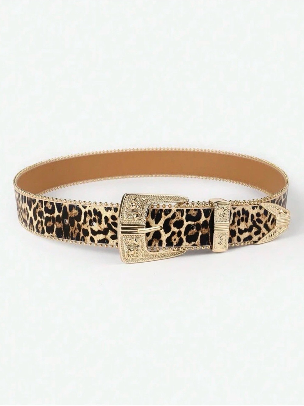 Leopard Print Western-Style Belt with Gold Buckle